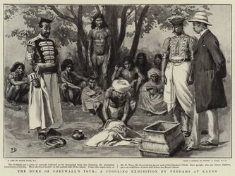 De Tour van de Hertog van Cornwall, een Jongleerexpositie door Veddahs in Kandy